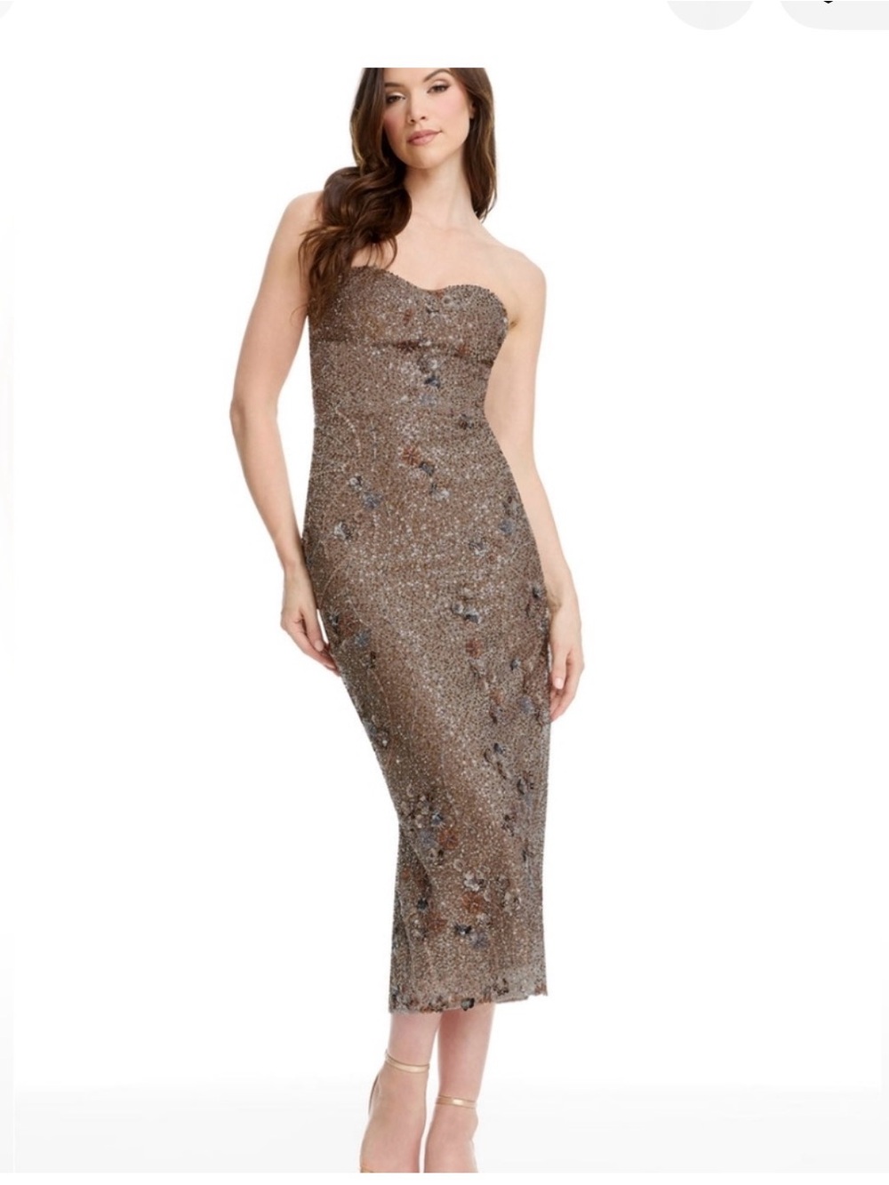 Dress the Population Shailene Strapless Sequin Midi Dress in Brown